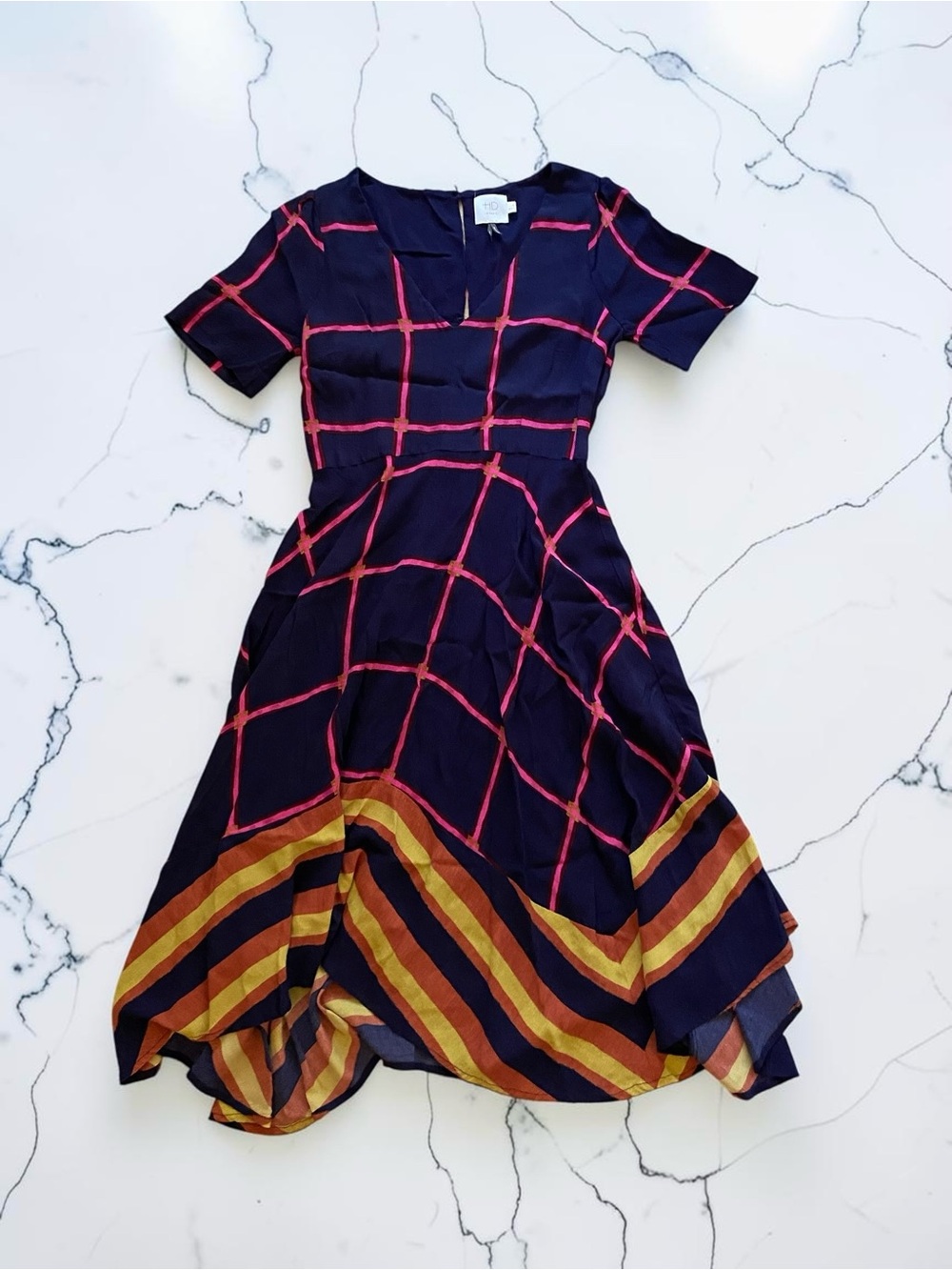 HD in Paris Navy Midi Dress with Pink Grid and Multicolor Striped Hem